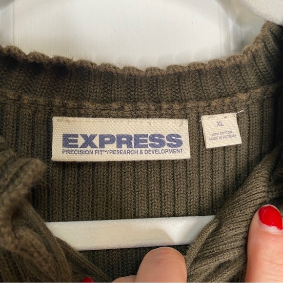 Vintage Express Olive Green Ribbed Knit Heavy Sweater Lace Up Neck Size XL - Picture 6 of 8
